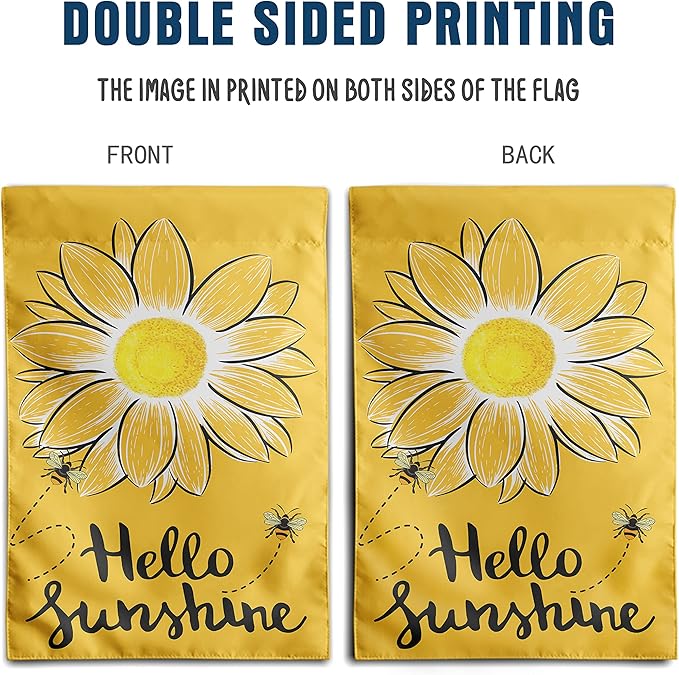 Hello Sunshine Garden Flag Bee Sunflower Flag Summer Garden Flags for Outside Yellow Flower Flag 12x18 Double Sided Yard Outdoor Front Porch Decor