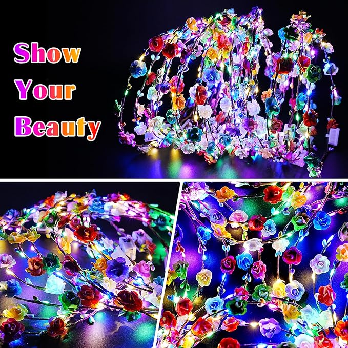 Valentines Day Gifts, 100 PCS New Year LED Flower Crowns Headbands, Light Up Flower Crowns For Women, Glow in the Dark Headband for Wedding Reception Birthday Mardi Gras Cosplay Princess Party Favors
