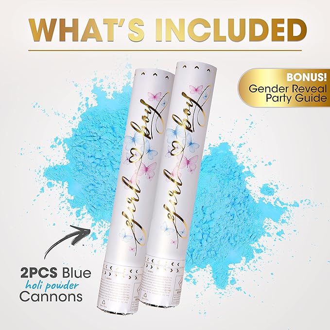 PrimePure Gender Reveal Confetti Cannon - Biodegradable Powder Cannons Smoke Bomb - Blue, 2 Pack - Party Poppers Baby Blue Confetti Popper for Baby Boy Gender Reveal Party