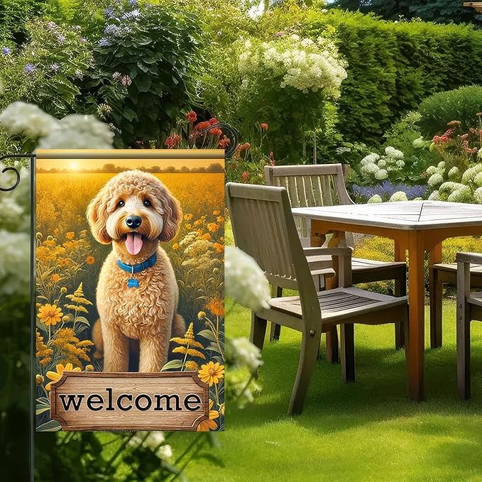 Welcome Garden Flag for Outside Spring Summer Flower Garden Flag 12x18 Inch Double Sided Burlap Outside Seasonal Floral Dog Sign Yard Farmhouse Outdoor Decor