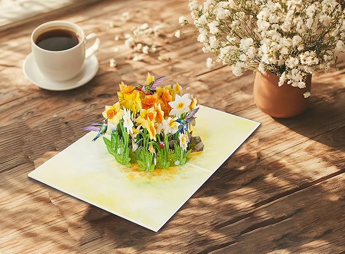 Daffodils with Hummingbirds 3D Birthday Cards for Women, Mothers Day Cards, 6x8in Pop Up Gift Card for Mom, Wife, Her, Daughter, Sister, Grandma (PQ Daffodils w Hummingbirds)