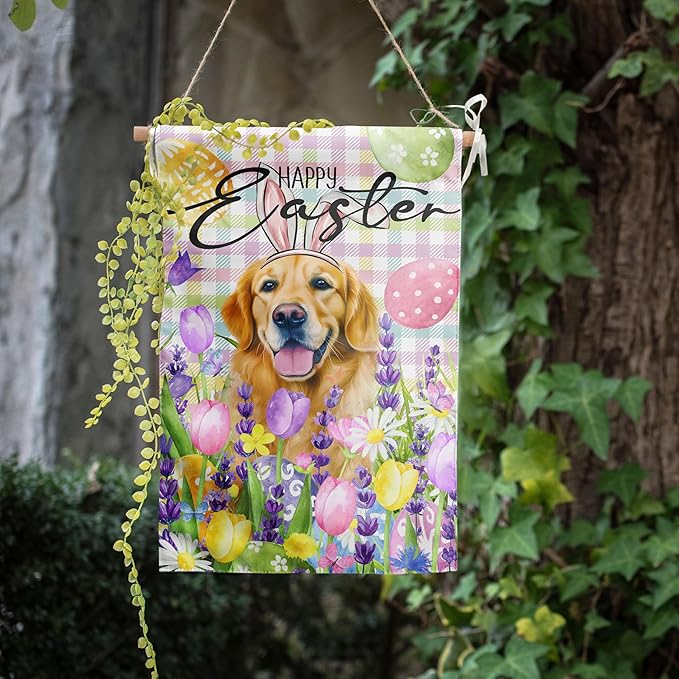 Happy Easter Dog Garden Flag Golden Retriever Spring Flags Buffalo Plaid Bunny Eggs Yard Flag for Outside 12x18 Double Sided Small Decorative Floral Outdoor Flag