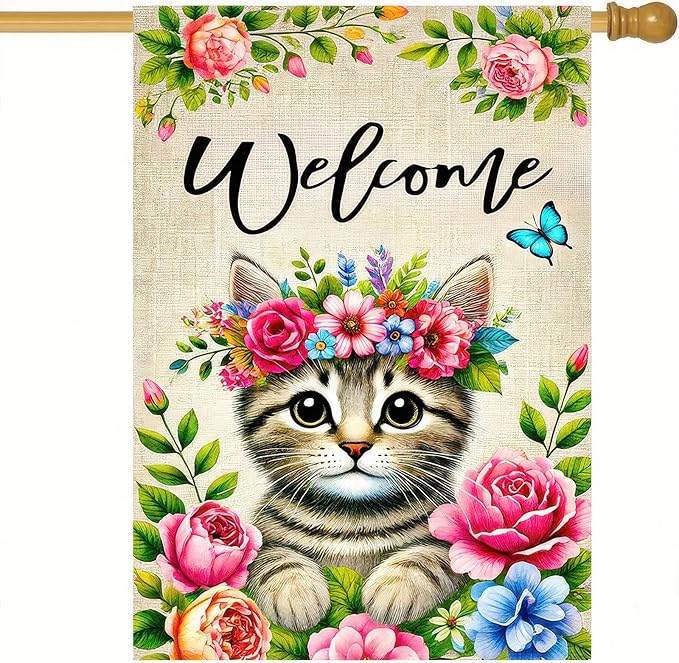 Spring Summer Garden Flag 12x18 Double Sided Floral Crown Cat Garden Flag for Outside Small Burlap Welcome Yard Flag Farmhouse Outdoor Decorative Flag