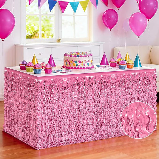 Valentines Day Table Skirt Decor, 2 Pack Pink Foil Grass Table Skirt, Metallic Wavy Tinsel Foil Fringe Table Skirts, Table Skirts for Wedding Birthday Graduations Valentines Day Parade Party