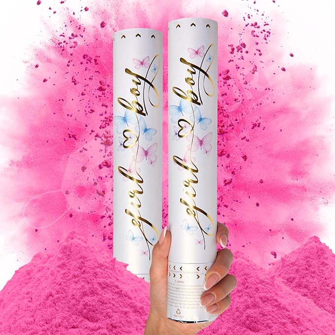 PrimePure Gender Reveal Confetti Cannon - Biodegradable Powder Cannons Smoke Bomb - Pink, 2 Pack - Party Poppers Baby Pink Confetti Popper for Baby Girl Gender Reveal