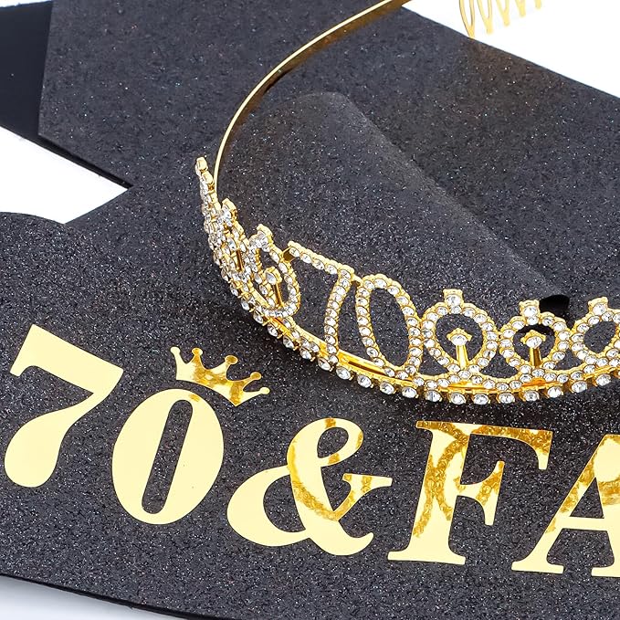 Casoty Gold 70th Birthday Sash and Tiara, 70th Birthday Party Decorations for Women, 70 and Fabulous Sash and Crown Set, Party Supplies Favors for Women, Gifts for Her
