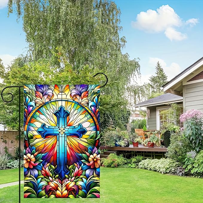 HOMETITUTE Welcome Garden Flag Spring Summer Christian Garden Flag Religious Faith Stained Glass Cross 12x18 Inch Double Sided Outdoor Yard Lawn Porch Decor
