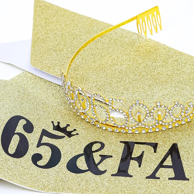 Casoty Gold 65th Birthday Sash and Tiara, 65th Birthday Decorations for Women, 65 & FABULOUS Sash and Crown, Party Supplies Favors for Women Gifts for Her