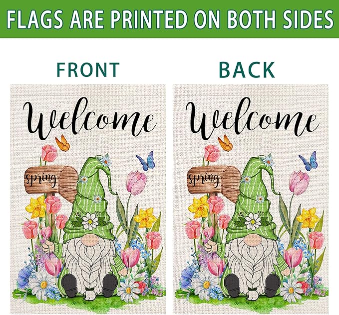 Spring Garden Flag 12x18 Inch Double Sided Outside, Spring Summer Seasonal Gnomes Yard Outdoor Flag, Welcome Garden Flags for Outside Yard Porch Decoration
