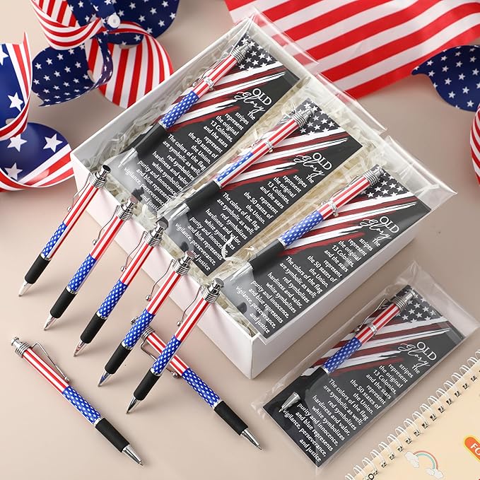 100 Sets American Flag Ballpoint Pens Bulk USA Patriotic Themed Black Ink Retractable Pen Stars Stripes Bookmarks Stationery Easter Party Gifts for Home Office Army Veterans Souvenirs