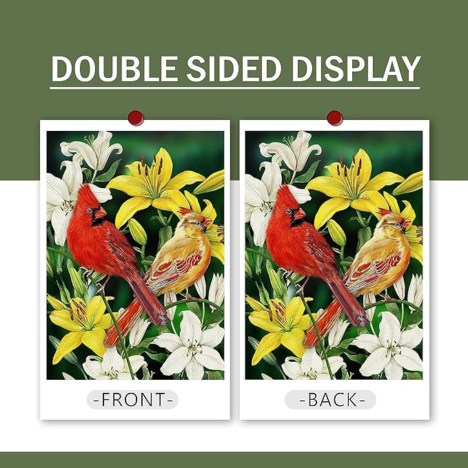 Furiaz Decorative Cardinal Flower Spring Small Garden Flag Double Sided, Red Yellow Birds Home Floral Lily Burlap Outside House Yard Decoration, Summer Green Seasonal Outdoor Décor Flag 12.5 x 18