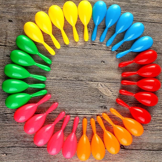 Resinta 30 Pieces Neon Maracas Shakers Mini Noisemaker Bulk Colorful Noise Maker with Drawstring Bag for Mexican Fiesta Party Favors Musical Instrument, 4 Inch, 6 Color