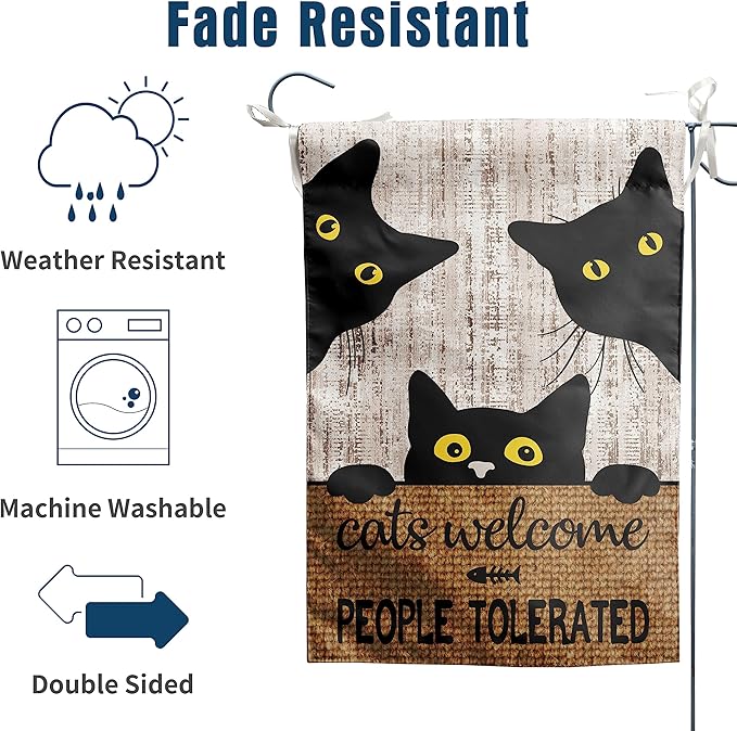 Black Cat Garden Flag Cats Welcome People Tolerated Sign Flag Halloween Banners for Outside 12 X 18 Double Sided Cat Lovers Gifts for Women