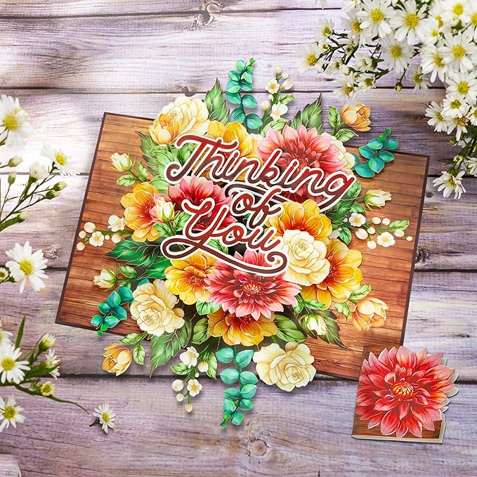 Floral Thinking Of You Pop Up Card, Rustic Flowers, 3D Cards, Gifts for Birthday, Anniversary, Valentines Day, Mom, Wife, Her, 5x7 - Includes Envelope And Message Note