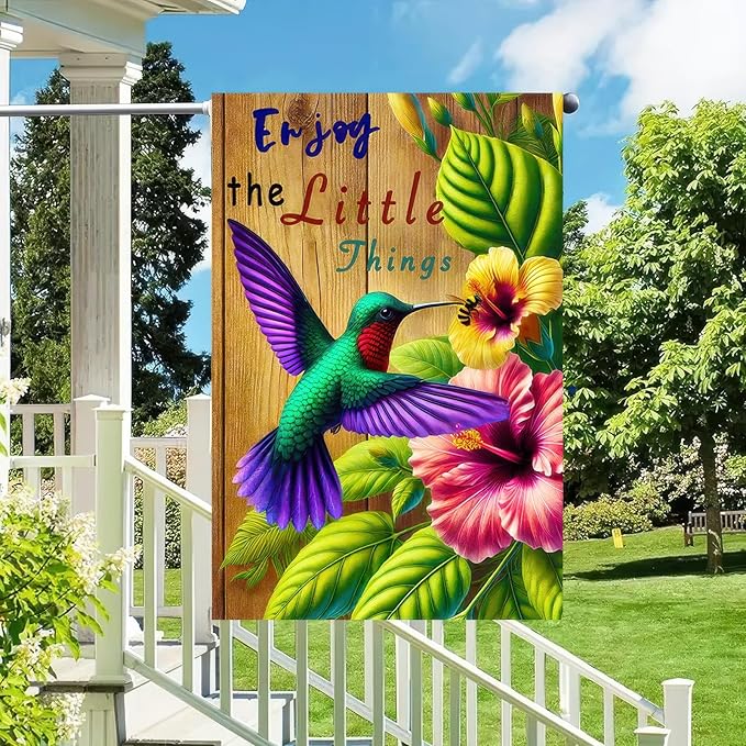 BlissYard Springtime Hummingbirds Spring Garden Flag Double Sided 12 x 18 Inch Enjoy The Little Things Floral Flower Small Decorative Garden Flag Spring Summer Hummingbird Bee Yard Lawn Outside Decor