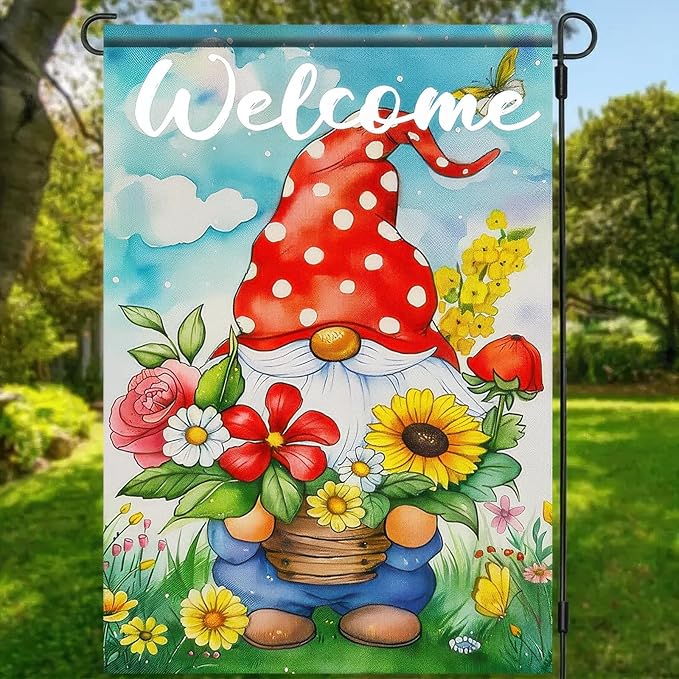 BlissYard Easter Garden Flag 12x18 Inch Double Sided Cute Gnome Garden Flags Spring Gnome and Flowers Theme Yard Flag Polyester Yard Decoration for Outdoor Lawn and Patio