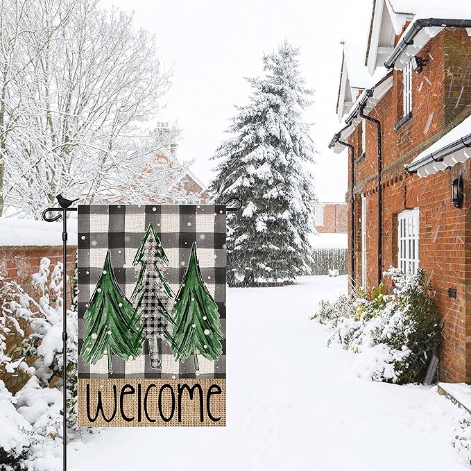 Welcome Christmas Trees Winter Garden Flag 12 x 18 Inch Vertical Double Sided Buffalo Plaid Holiday Yard Outside Xmas Décor