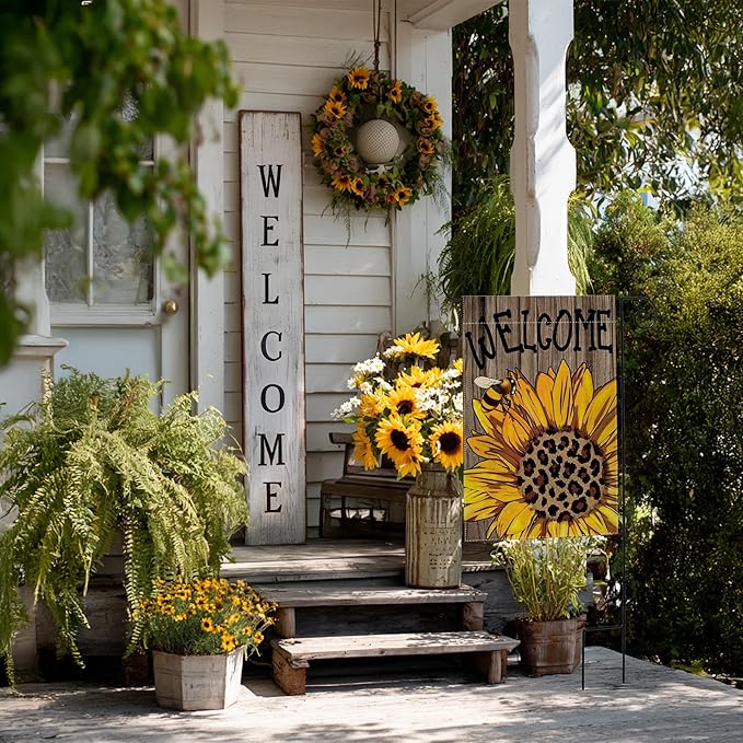 Garden Flags, Welcome Garden Flag, Bee Sunflower Flag Double-Sided Flags for Farmhouse Yard Outdoor-12 x 18inch (SUNFLOWER)