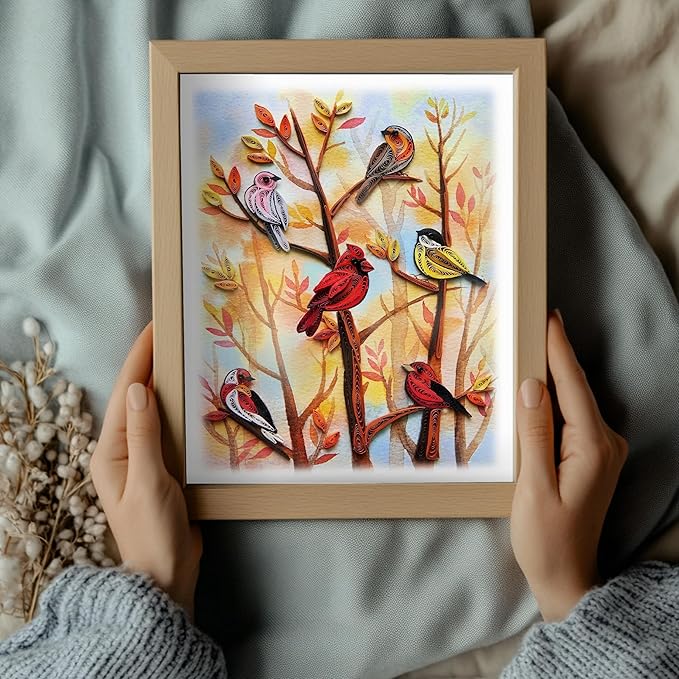 Autumn Tree and Thanksgiving Card, Quilling Art, Birds and Season Themed, Watercolor Classy Cards for Mom, Women, Wife, Daughter (Birds - Fall Garden)