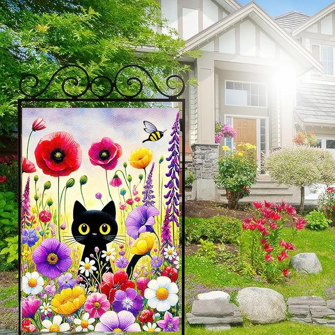 BlissYard Spring Black Cat Garden Flag Funny Floral Cat Garden Flag 12×18 Inch Double Sided Welcome Yard Flag Spring Seasonal Outdoor Colorful Floral Farmhouse Holiday Outside Decorations