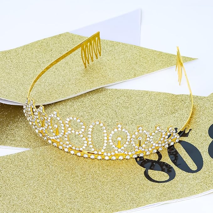 Casoty Gold 80th Birthday Sash and Tiara, 80th Birthday Decorations for Women, 80 & Fabulous Sash and Crown Set, Party Supplies Favors for Women, Gifts for Her