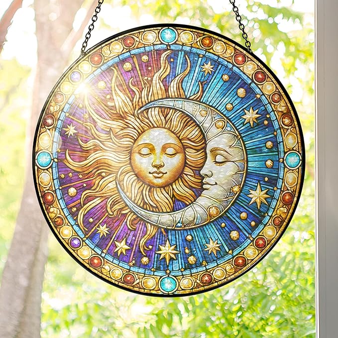 FLAGWIX Spiritual Gifts for Women Men - Stained Glass Window Hanging 8 in for Sun and Moon Decor - Sun Catchers Indoor Window, Boho Suncatchers for Celestial Decor