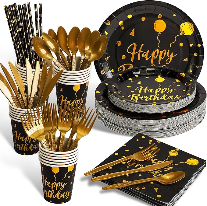 200 pieces of black and gold birthday party supplies, disposable happy birthday tableware set, gold plastic knives, forks, spoons, straws. Birthday themed tray, cup,25Guests (black)