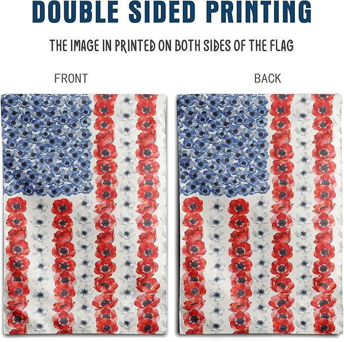 Patriotic Flower American Garden Flag Spring Summer Yard Decor 4th of July Memorial Independence Day Decorations Red White Blue Poppy Banner for Outside 12x18 Double Sided