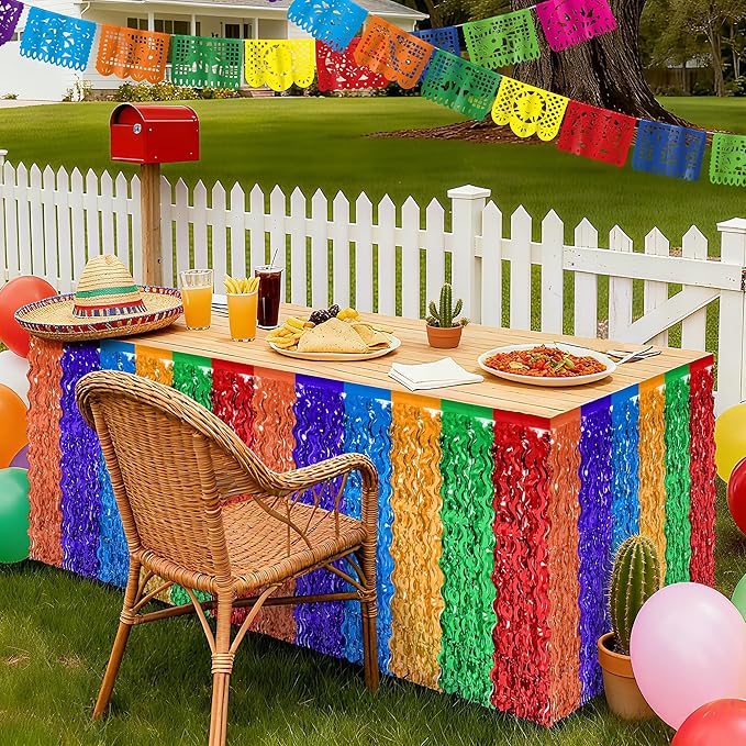 Cinco De Mayo Table Decorations, 2 Pack Fiesta Desk Skirts Supplies, Mexican Theme Metallic Wavy Tinsel Foil Fringe Table Skirts, Rainbow Skirts for Dia De Los Muertos Day Mexico Day of The Dead Decor