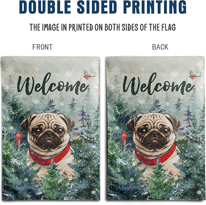 Welcome Winter Garden Flags Pug Garden Flag Cardinal Birds on Snowy Pine Tree Flag Dog Yard Flags for Outside 12x18 Double Sided Christmas Decorative Lawn Flags