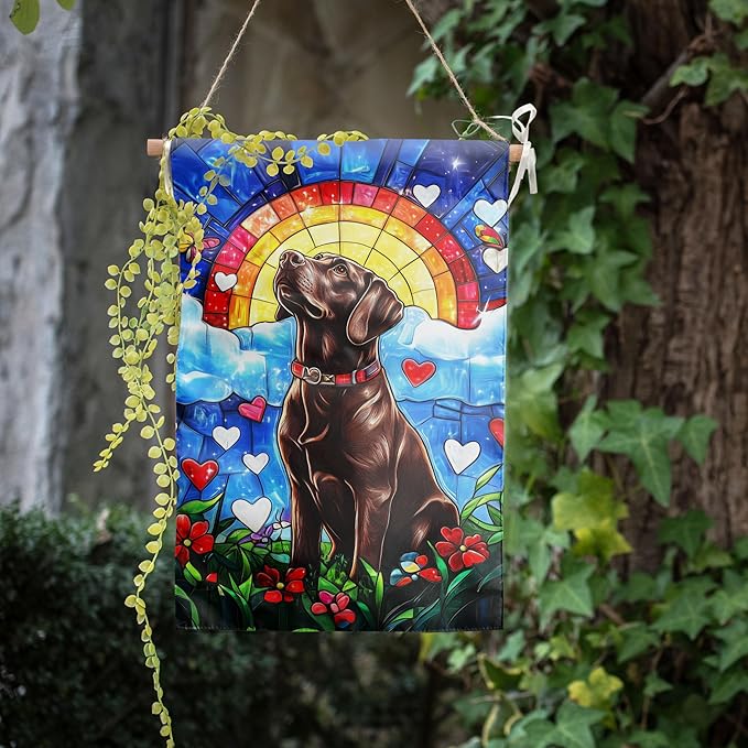 Stained Glass Chocolate Lab Garden Flag for Outside 12x18 Double Sided Rainbow Bridge Labrador Dog Bereavement Pet Sympathy Gift Memorial Yard Banner Small