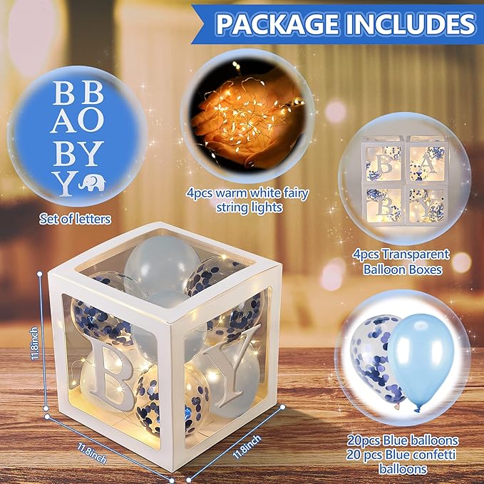 Baby Shower Balloon Box Decorations, 4 Pcs Baby Blocks Transparent Balloon Boxes with “BABY GIRL” Letters, 4 Pack Led Fairy String Lights and 40 Pcs Latex Balloons for Gender Reveal Backdrop(Blue)