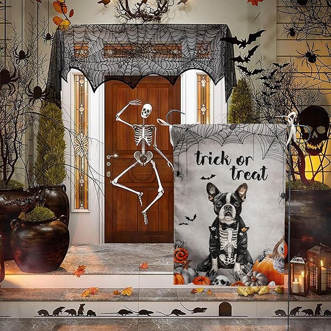 Halloween Boston Terrier Garden Flag Trick or Treat Yard Flag Ghost Dog Garden Flags for Outside 12x18 Double Sided Mini Skeleton Halloween Decor Outdoor Lawn Welcome Flag