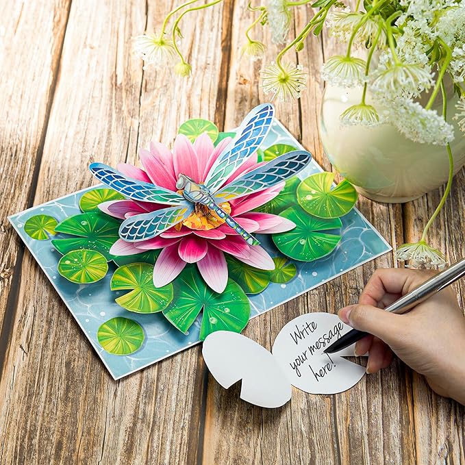 Dragonfly Pop Up Cards, Water Lily, Leaf, 3D Greeting Cards, Gift for Birthday, Mothers Day, Valentines Day, Mom, Wife, Girlfriend, Sister, Daughter, 5x7 - Includes Envelope And Message Note