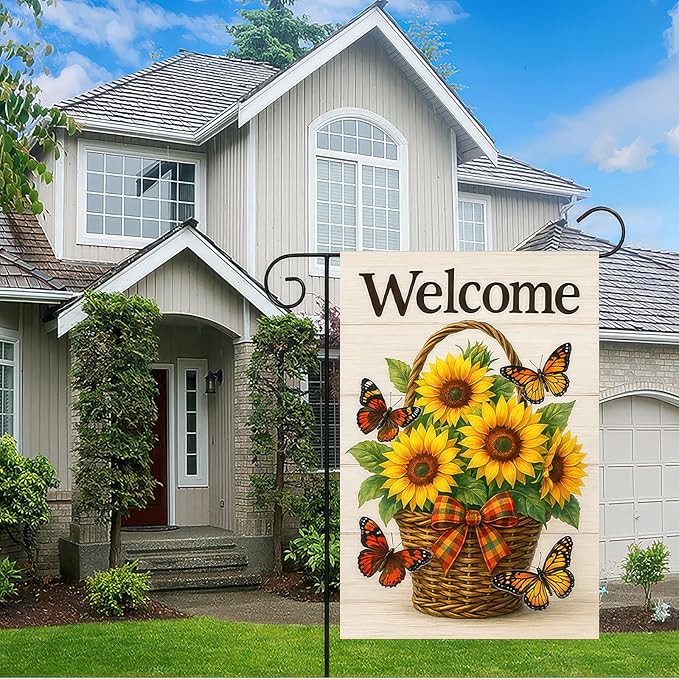BlissYard Thanksgiving Fall Garden Flag 12x18 Inch Welcome Sunflower Flag Double Sided Outdoor Autumn Yard Banner Basket Butterflies for Porch Lawn Patio Seasonal Decor