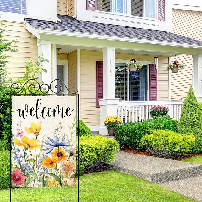 EKOREST Welcome Flowers House Flags for Outdoor Decoration, Spring Watercolor Floral Large Yard Flag, Decorative Summer Celebration Decor for Seasonal Farmhouse Holiday Outside 28x40 Inch Vertical