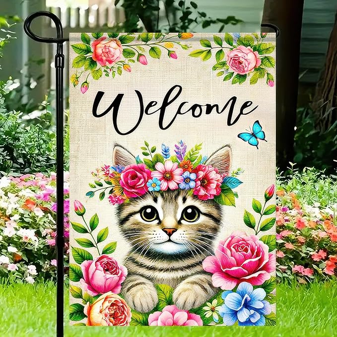 Spring Summer Garden Flag 12x18 Double Sided Floral Crown Cat Garden Flag for Outside Small Burlap Welcome Yard Flag Farmhouse Outdoor Decorative Flag