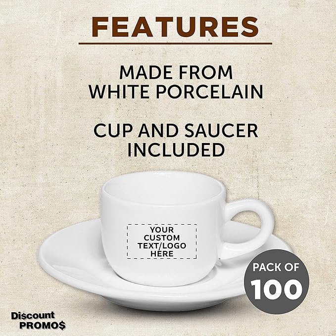 Custom Porcelain Espresso Cups with Saucer 2.5 oz. Set of 100, Personalized Bulk Pack - Perfect for Coffee, Tea, Espresso, Hot Cocoa, Other Beverages - White