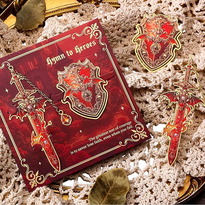 Dragon Knight Metal Bookmark & Book Clip Set - Sword Book Mark with Pendant & Shield Page Marker Clip - Fire Red Fantasy Gift for Men, Women, Kids, Readers, Book Lovers, RPG Gamers | Hymn to Heroes