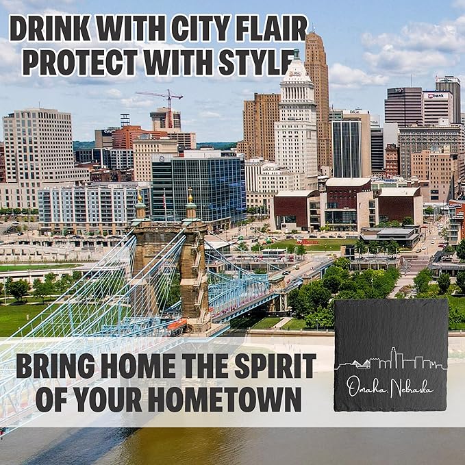 Blue Ridge Mountain Gifts - Omaha NE Skyline Coasters, Set of 4 - Omaha Nebraska Souvenir, Slate Coasters with Minimalist Skyline, Housewarming Gift for Friends, Family, & Neighbors