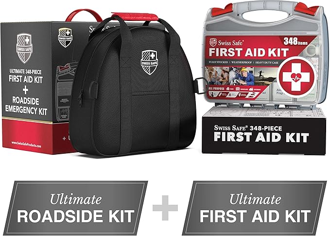 Swiss Safe 2-in-1 Car Emergency Kit | 12-FT Heavy-Duty Jumper Cables & 378-Piece Comprehensive Car First Aid Kit | Compact Roadside Auto Essentials for Vehicle Safety