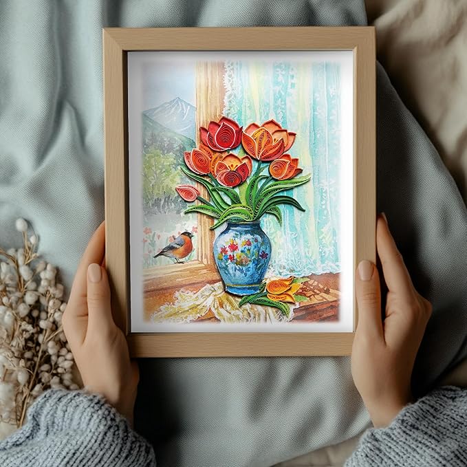 Mother Day Card, Tulip Quilling Card for Birthday, Anniversary, Watercolor Classy Cards for Mom, Women, Wife, Daughter (Tulip with American Robin)