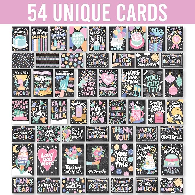 Hadley Designs Assorted Cards With Envelopes All Occasion - 54 Bulk Greeting Cards For All Occasions, Mixed Greeting Card Assortment, Birthday, Thank You, Congrats, Sympathy, Holiday Variety Card Pack