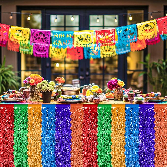 Cinco De Mayo Table Decorations, 2 Pack Fiesta Desk Skirts Supplies, Mexican Theme Metallic Wavy Tinsel Foil Fringe Table Skirts, Rainbow Skirts for Dia De Los Muertos Day Mexico Day of The Dead Decor