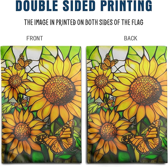 Stained Glass Sunflower Garden Flags Spring Summer Flags for Outside 12x18 Double Sided Small Floral Monarch Butterfly Yard Flag for Outdoor Lawn Poch Decor