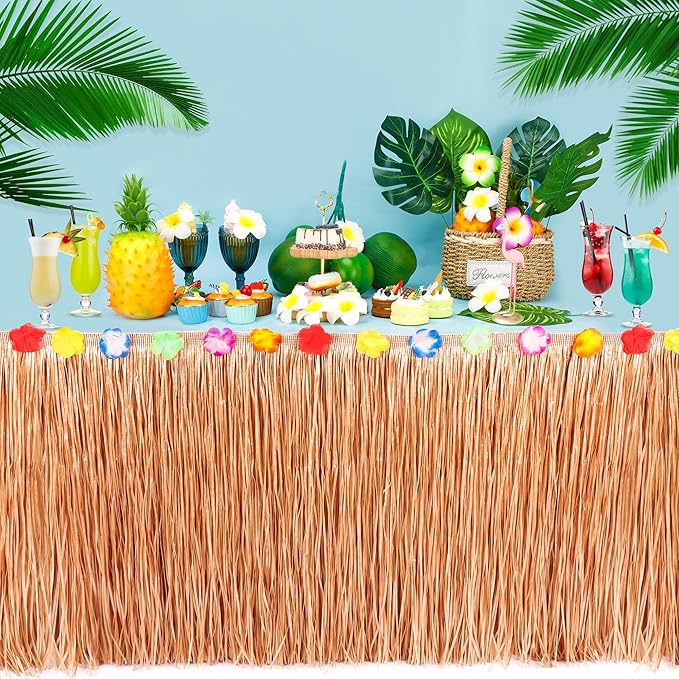 Hawaiian Themed Party Decorations, 2PCS Yellow Luau Party Table Skirt Decorations, 108 X 29.5" Table Skirt Flower Tropical Hula Dance Parties Supplies, Grass Table Skirt for Summer Beach Themed Party