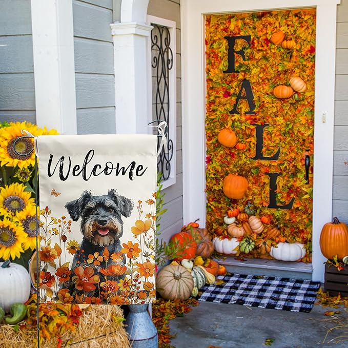 Floral Schnauzer Garden Flag Fall Yard Flag Wildflower Dog Garden Flags Orange Autumn Lawn Flags Welcome Thanksgiving Outdoor Flags for Outside 12x18 Double Sided Small
