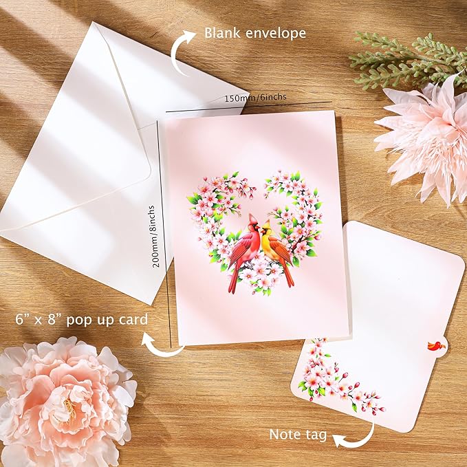 Cardinal Couple Pop Up Anniversary Card, 3D Love Birds Valentine Cards, Ideal Gift for Birthday, Wedding, Valentines, Mothers Day All Occasion for Wife, Her, Husband, Wife, Him, Boyfriend, Girlfriend