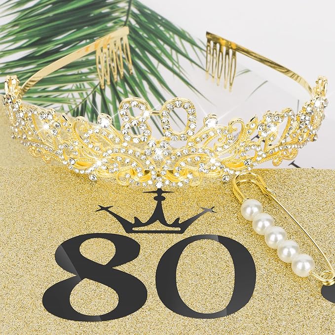 CIEHER 80th Birthday Decorations for Women - 80th Birthday Crown + 80 & Fabulous Birthday Sash + Pearl Pin Set, Gold 80th Birthday Tiara, 80th Birthday Gifts Women