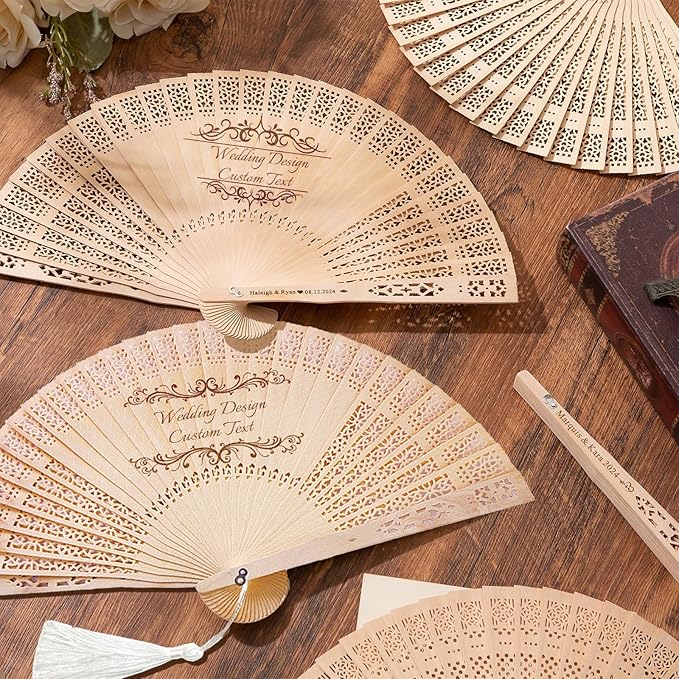 Personalized Wedding Fans for Guests Custom Wooden Folding Handheld Fans Bulk with Organza Bags Tassels for Wedding Graduation Party (100)